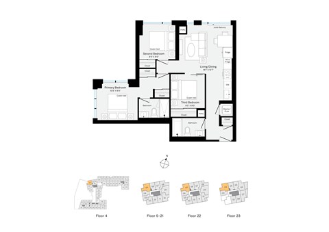Floor plan for 3 beds, 2 baths, 888 sqft